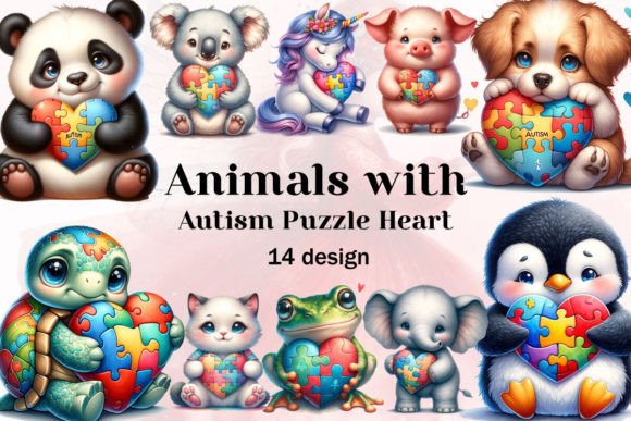 Creative Watercolor Clipart: Animal with Autism Puzzle Heart