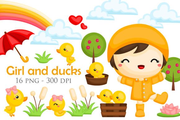 Girls and Duck Animal Yellow Theme Art: A Cheerful Clipart Collection